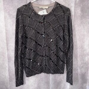 NWT LOFT Womens Medium Sequin‎ Geometric Chevron Cardigan Sweater Black Tan